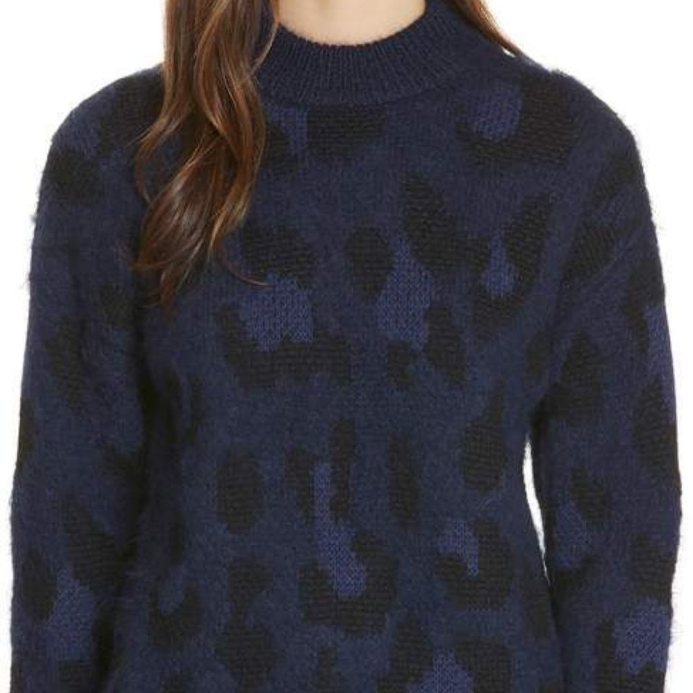 kate spade new york Wild Ones Leopard Print Wool Sweater Size S Blue Mock Crew